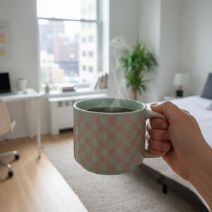 Large 18oz Pastel Checkered Mug - Pink & Mint Aqua Ceramic Coffee Cup